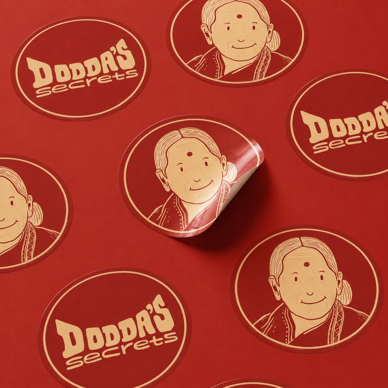 Dodda's Secrets brand mark and grandmother portrait, sticker sheet