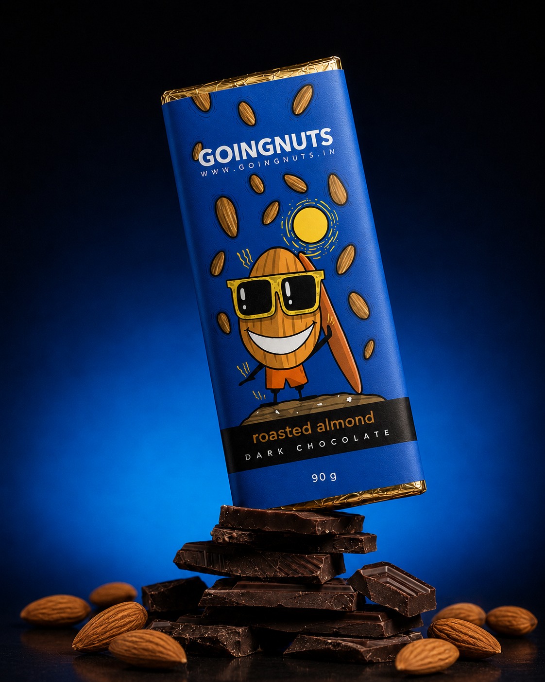GoingNuts roasted almond dark chocolate bar, blue packaging