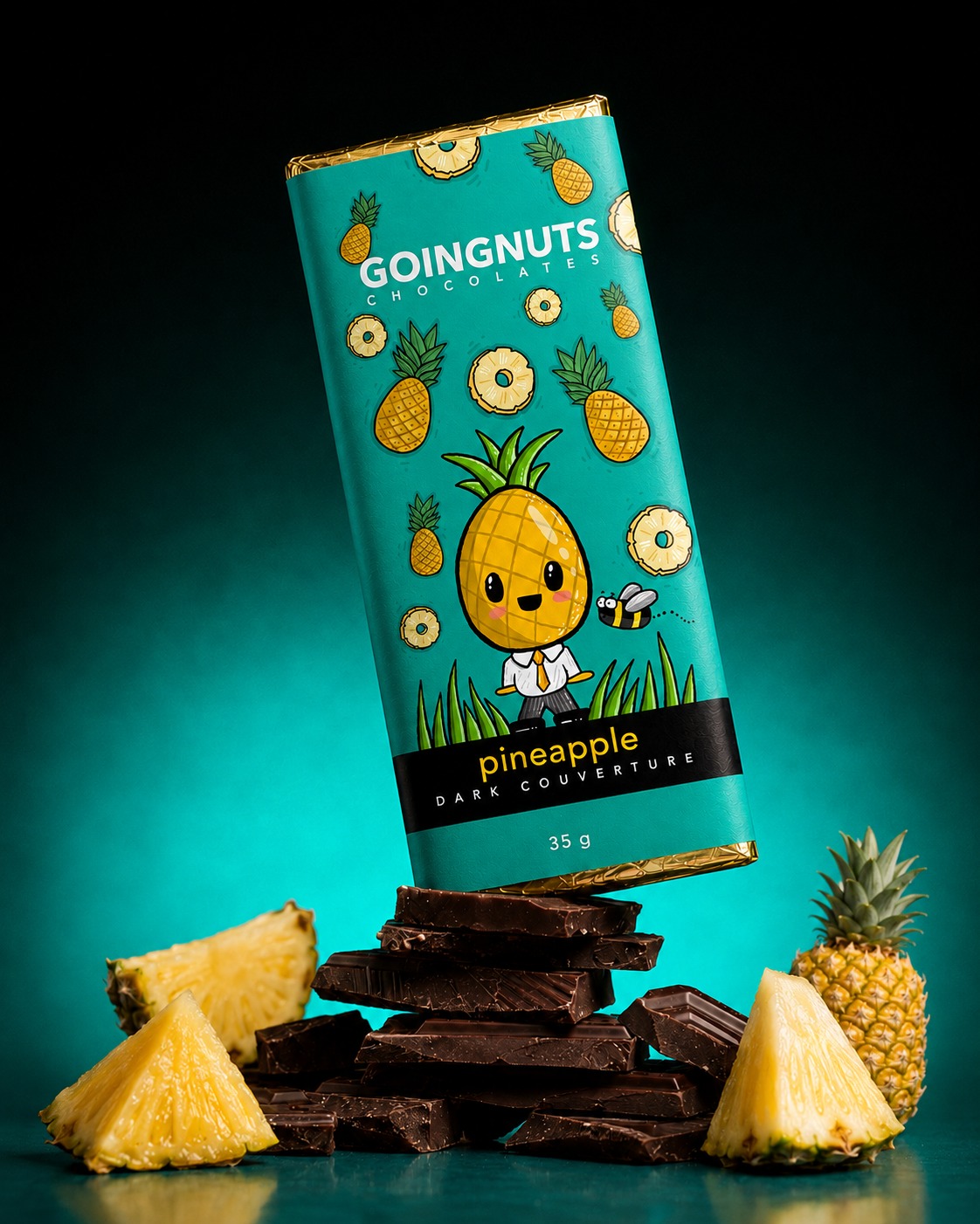 GoingNuts pineapple dark chocolate bar, teal packaging