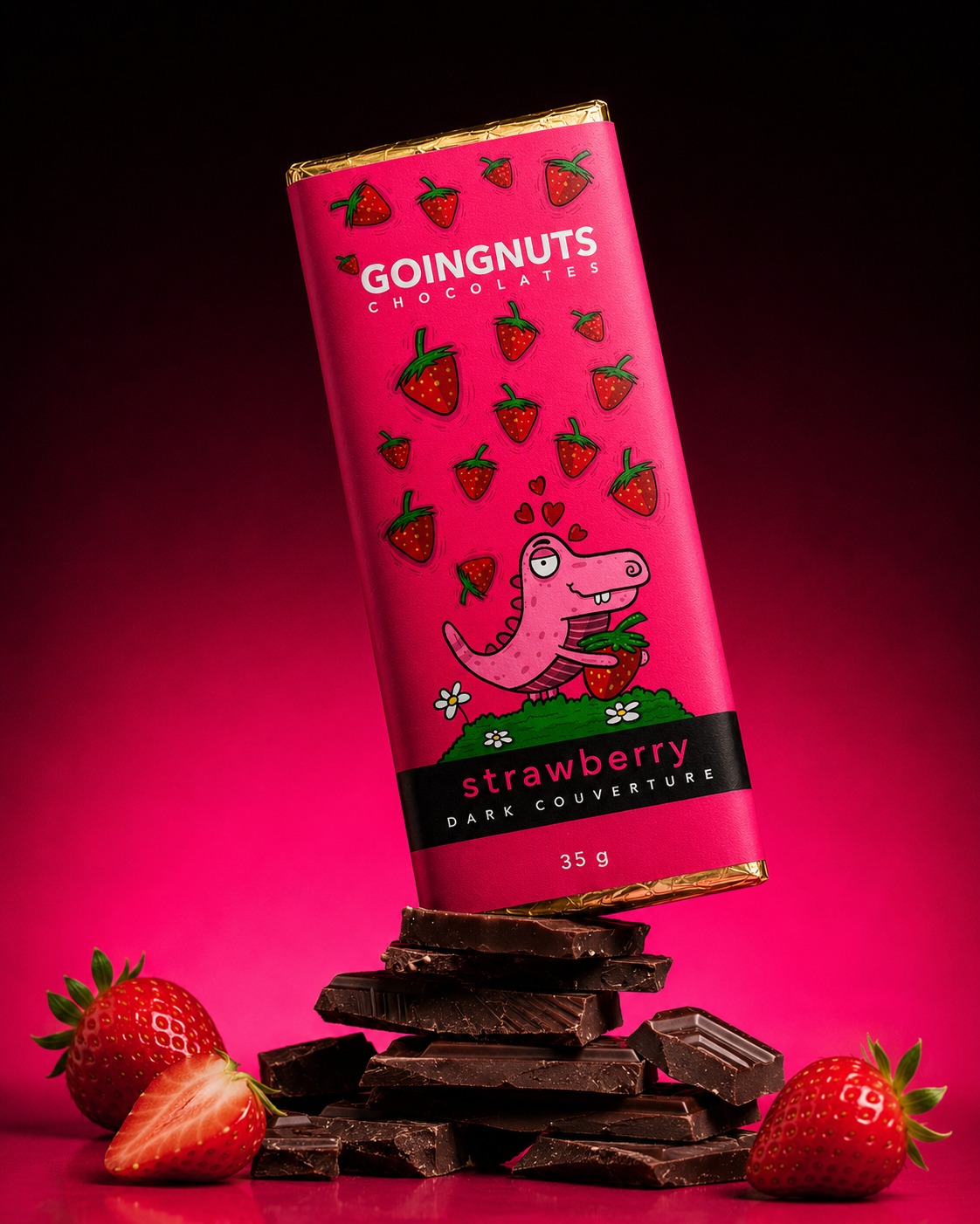 GoingNuts strawberry dark chocolate bar, pink packaging