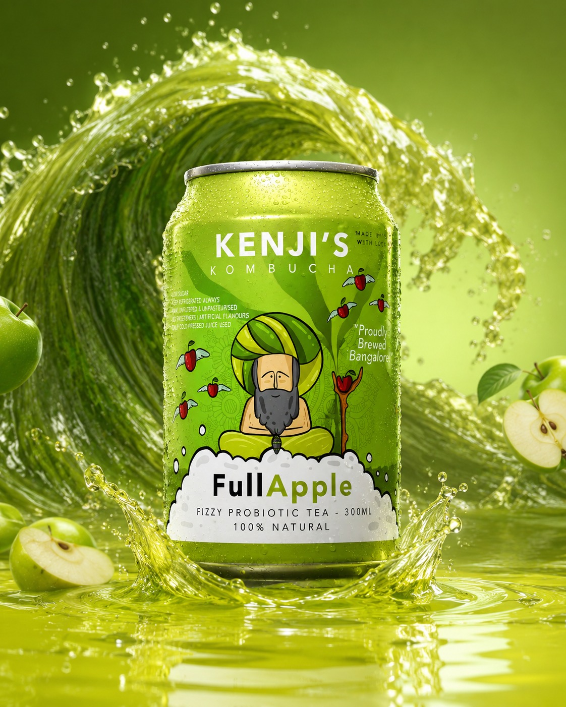 Kenji's Kombucha FullApple can, green packaging