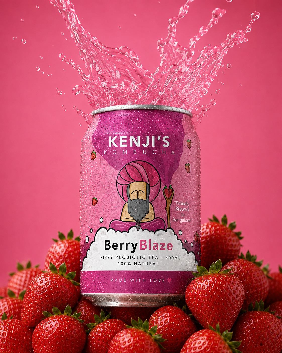 Kenji's Kombucha BerryBlaze can, pink packaging